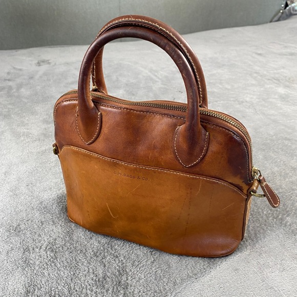 G.H. Bass & Co. Handbags - Vintage G.H. Bass Co Satchel Bag M Tan Leather Dome Style Patina Brass Hardware
